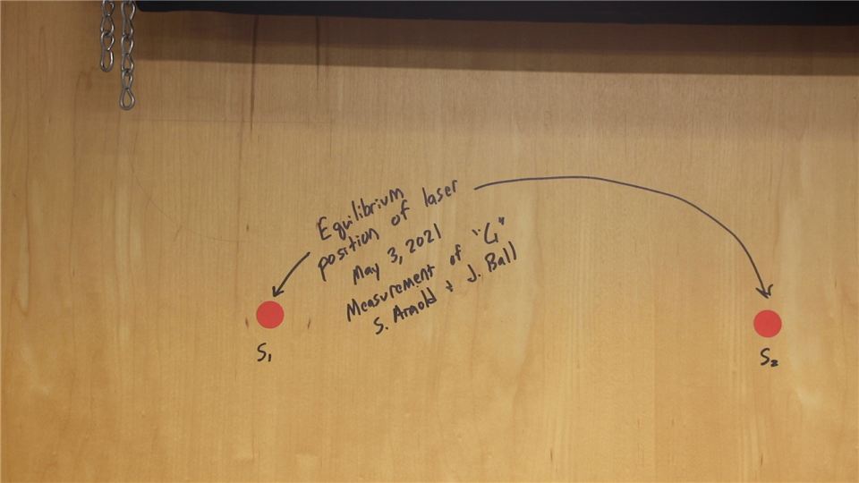 Note on the laboratory wall that reads: Equilibrium position of laser May 3rd, 2021 Measurement  of ‘G’ S. Arnold + J. Ball