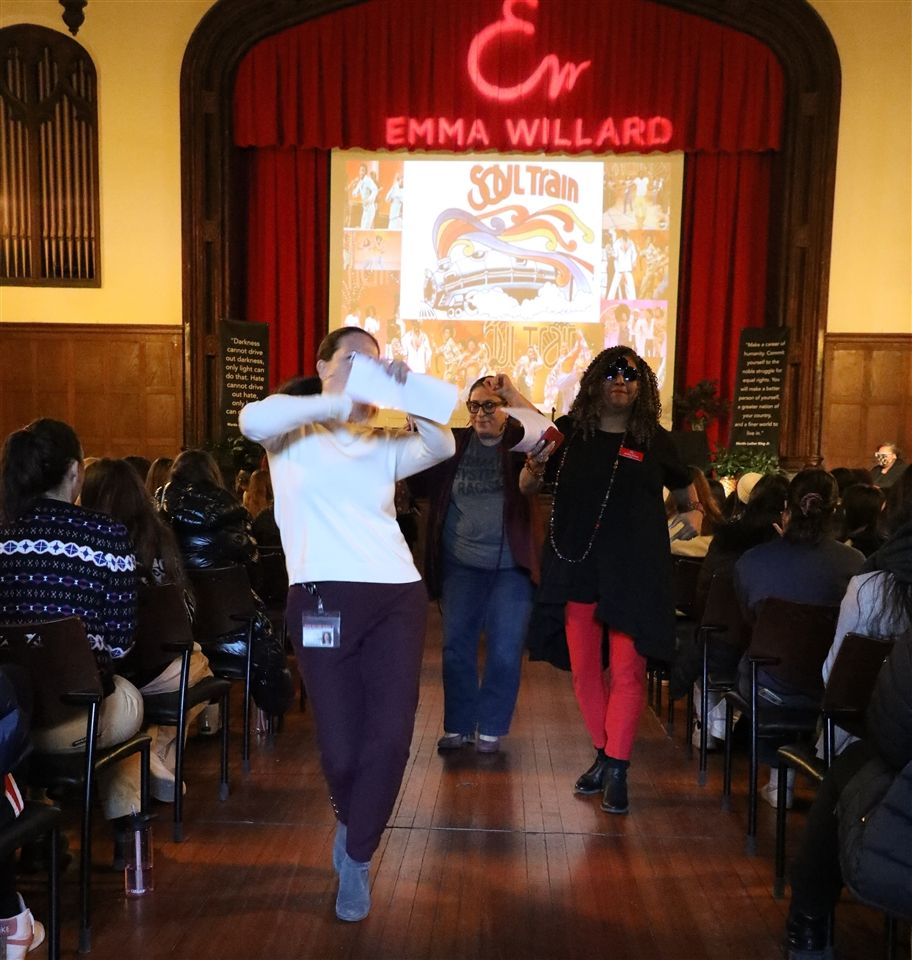 Head of School Jenny Rao, Associate Director of Equity and Inclusion Gemma Halfi, and Head of Equity and Inclusion Christine Gilmore lead the Soul Train, dancing their way to the rest of MLK Day activities