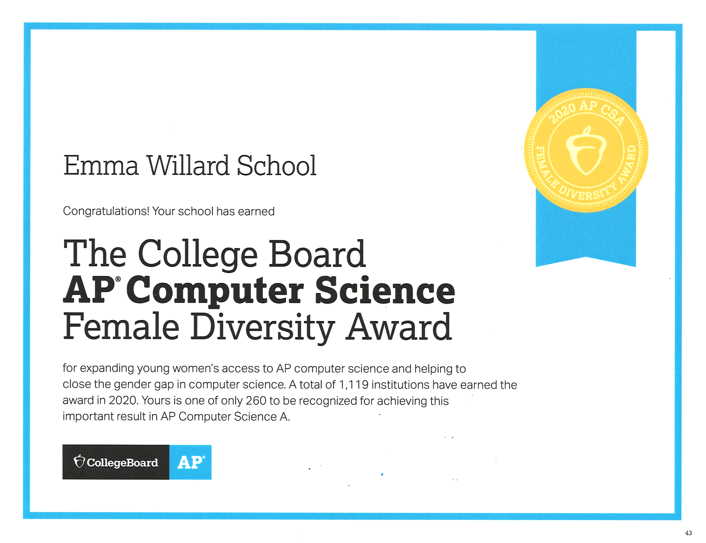 College Board AP Computer Science Female Diversity Award